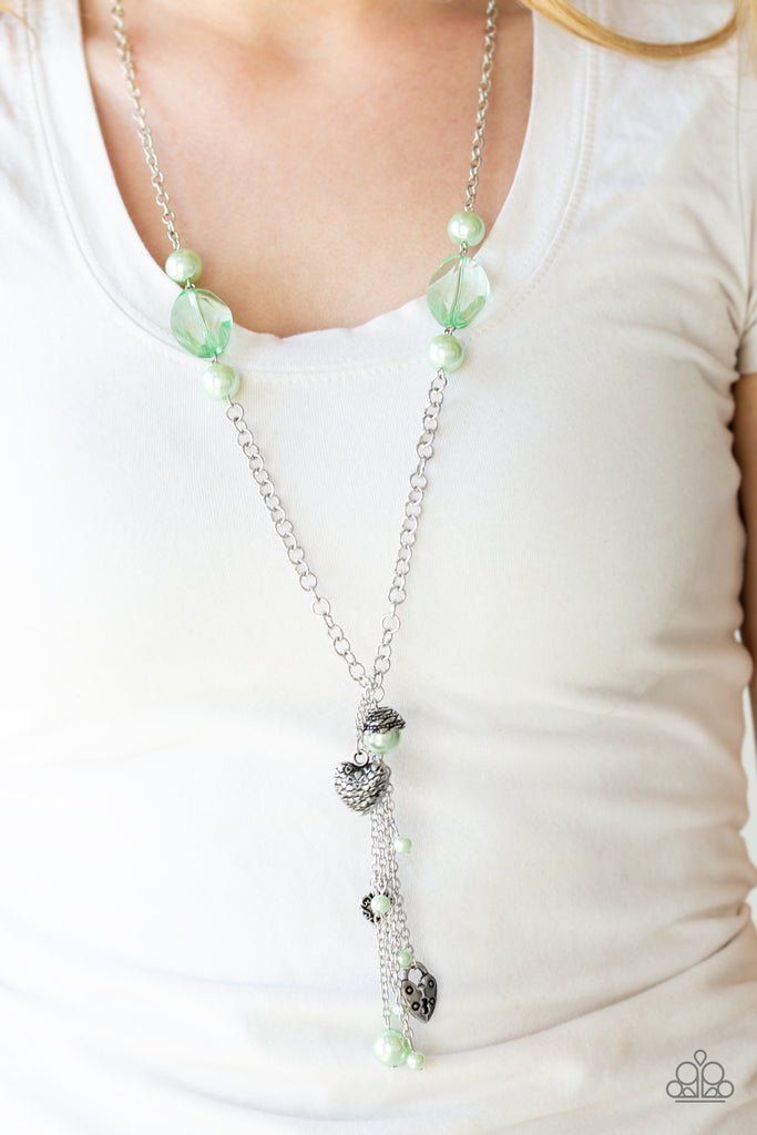 Heart-Stopping Harmony - Green Heart and Pearl Charm Necklace & Earring Set - Paparazzi Accessories - Chic Jewelry Boutique by Andrea