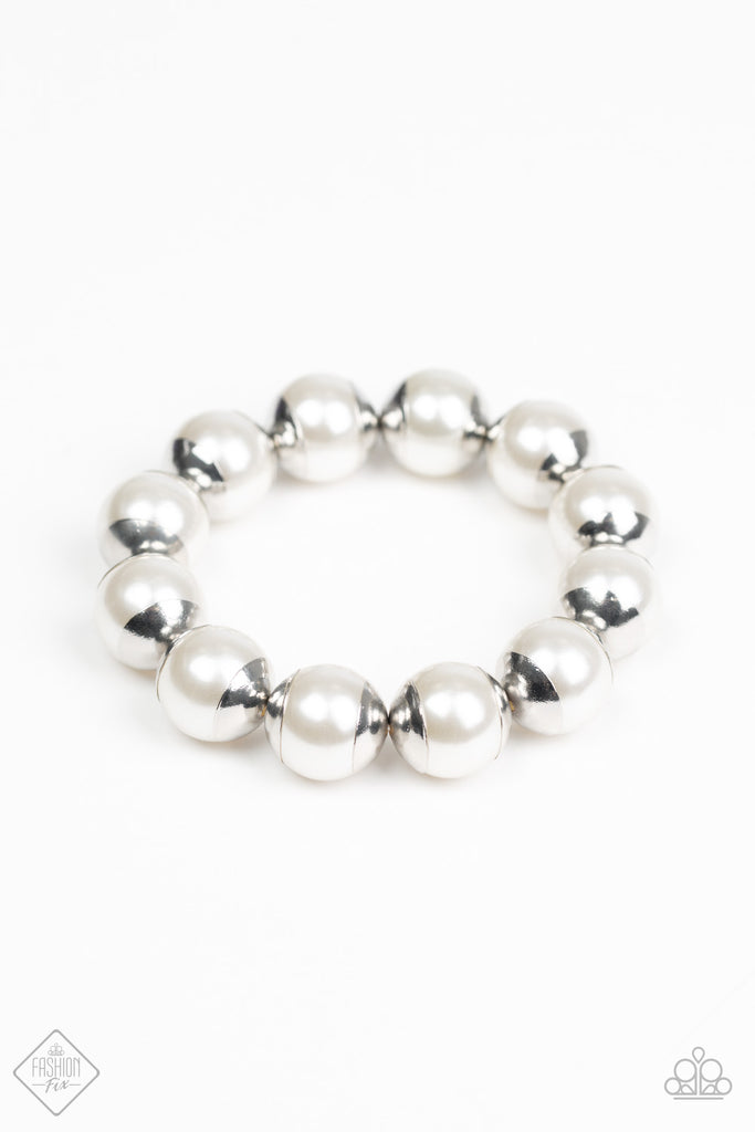 One Woman Show Stopper - White Pearl & Silver Bracelet - Paparazzi Accessories - Chic Jewelry Boutique by Andrea
