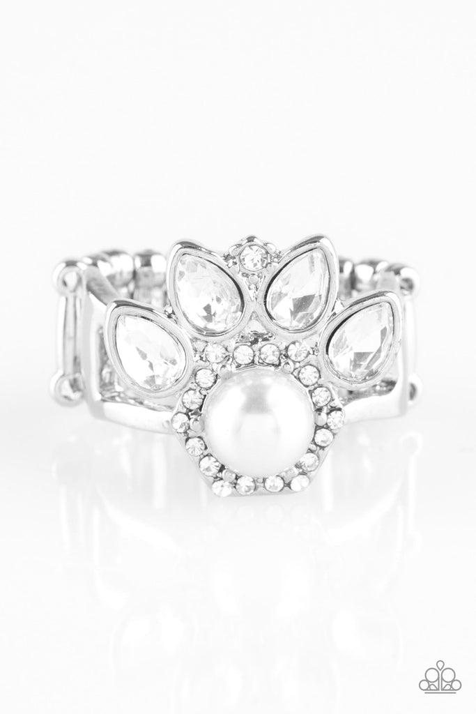 Crown Coronation - White Rhinestone and Pearl Ring - Paparazzi Accessories - Chic Jewelry Boutique by Andrea