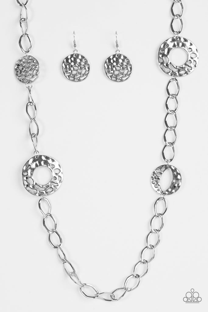 Industrial Mayhem - Silver Hammered Necklace & Earring Set - Paparazzi Accessories - Chic Jewelry Boutique by Andrea